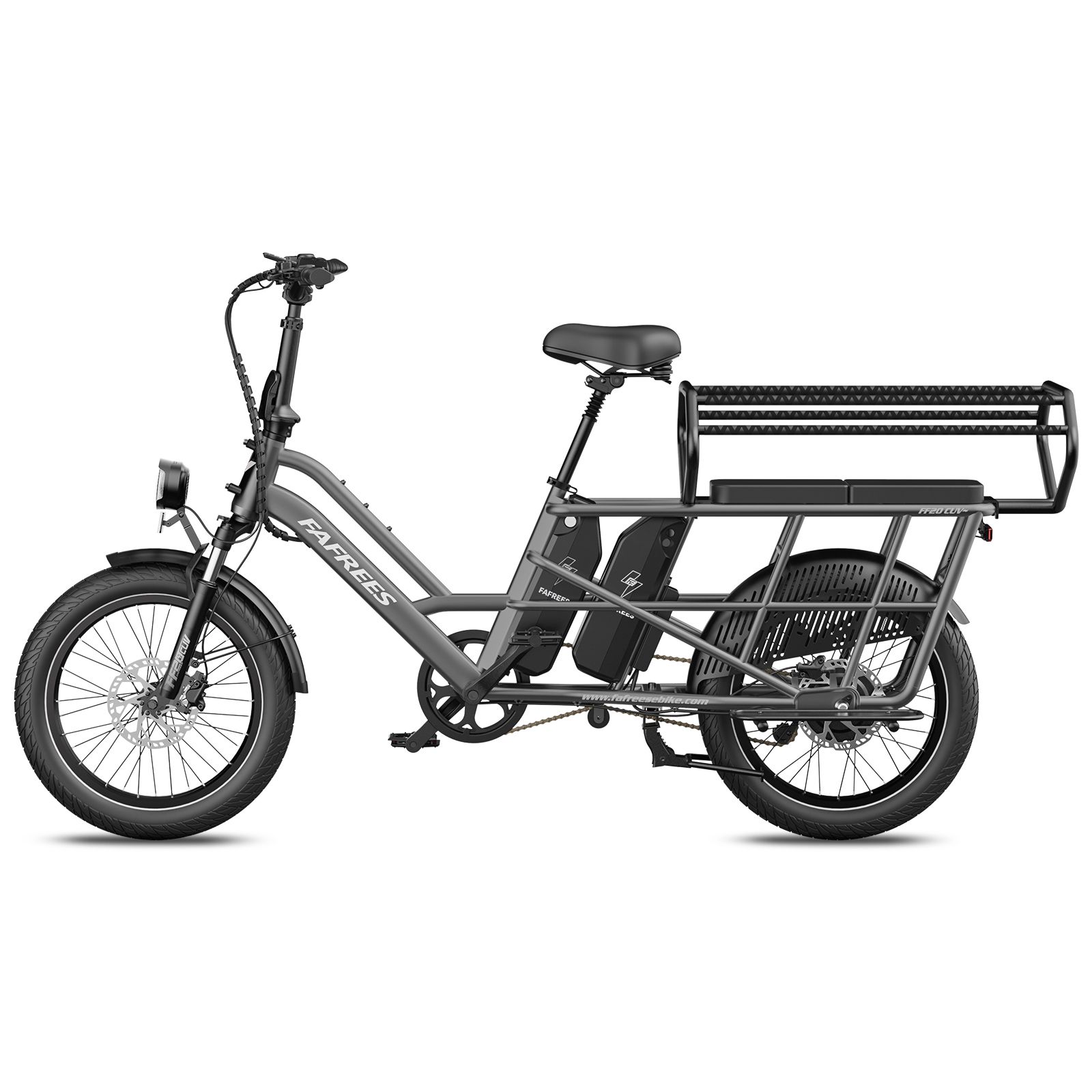 Bici elettrica grigia, vista laterale, con telaio ribassato, portapacchi e due batterie.