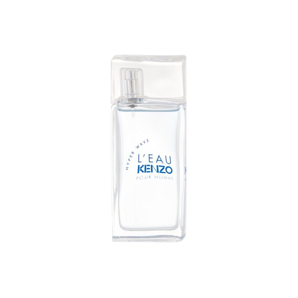 Flacone trasparente con etichetta blu. Scritta: L'EAU KENZO POUR HOMME.