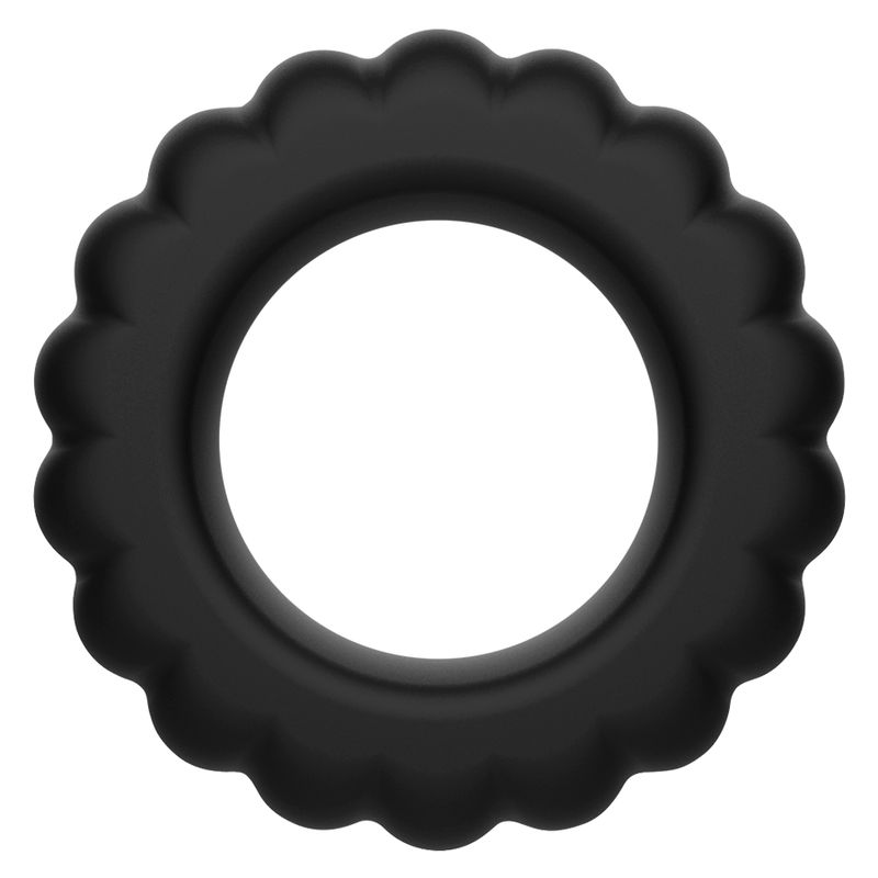 Anello per il pene nero in silicone con superficie a piccoli fiori. Forma rotonda con un foro al centro.