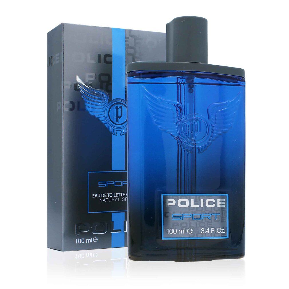 Flacone in vetro blu con stemma argentato, scritta "POLICE SPORT" e confezione grigia.