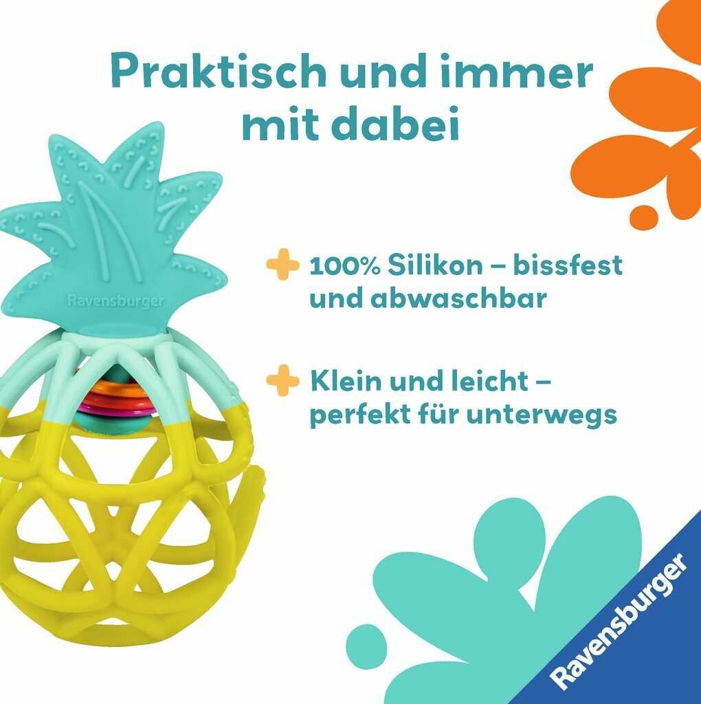 Massaggiagengive a forma di ananas in 100% silicone. Forma giallo-turchese. Testo: 'resistente ai morsi e lavabile', 'piccolo e leggero - perfetto per i viaggi'.