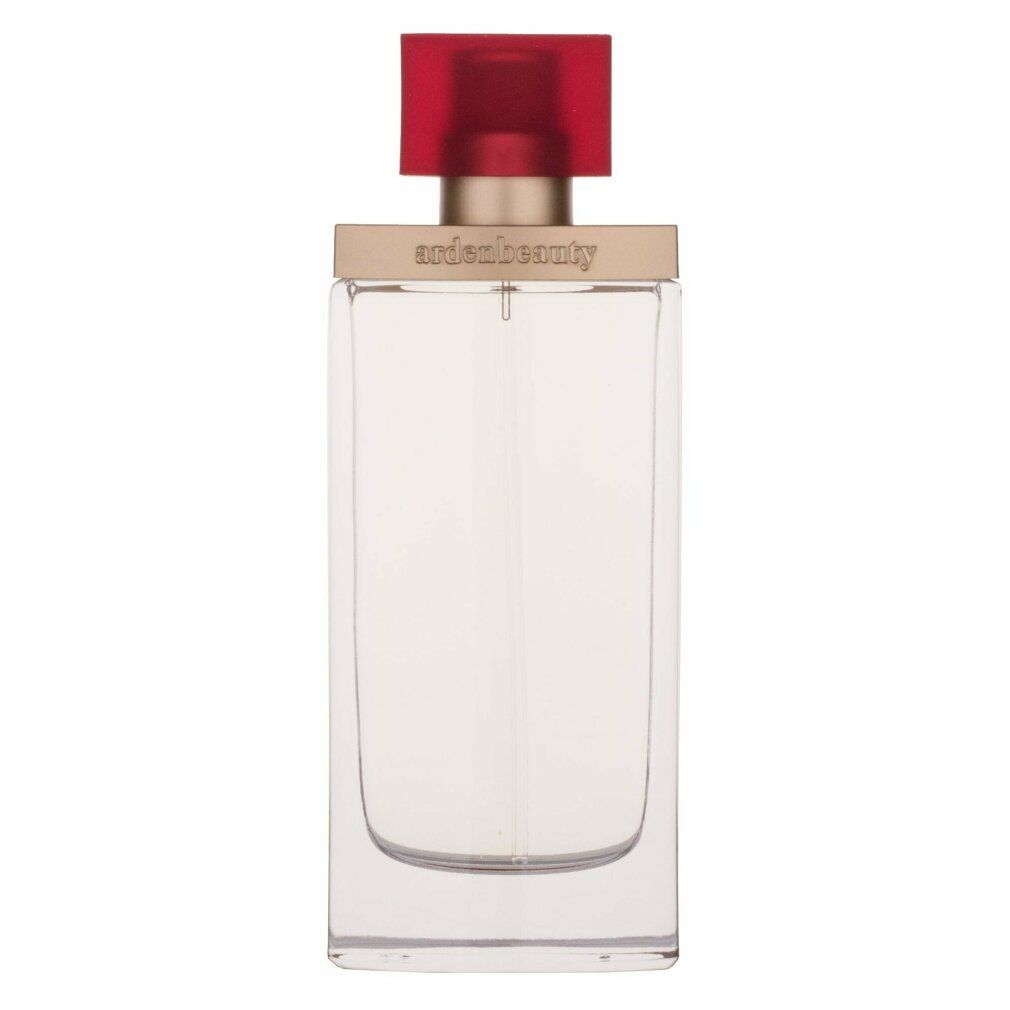 Flacone di profumo con tappo rosso e dettaglio dorato. Scritta 'ardenbeauty'.