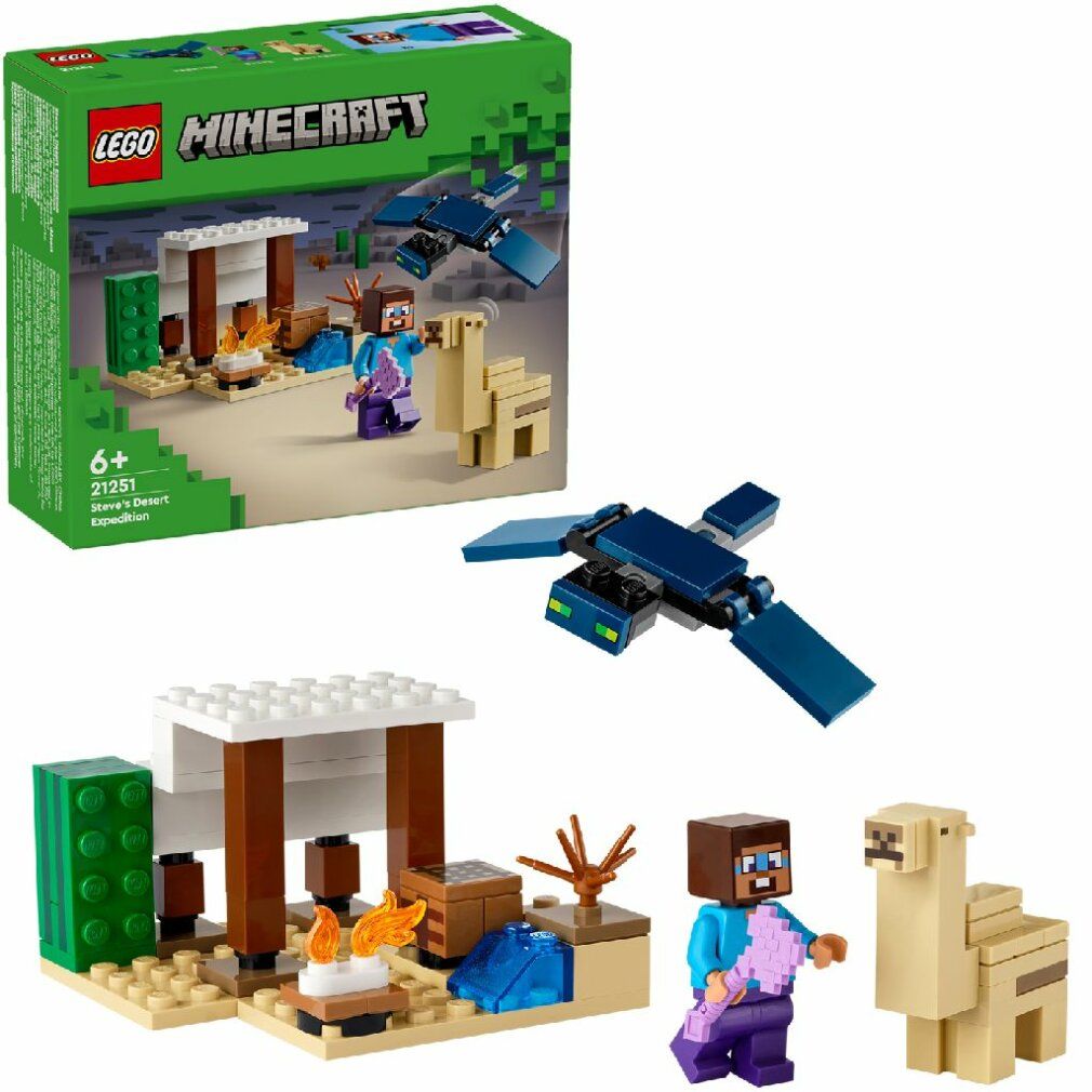 Set LEGO Minecraft. Elementi: Steve, cammello, edificio, aereo. Confezione con logo e età consigliata 6+. Elementi su sfondo bianco.