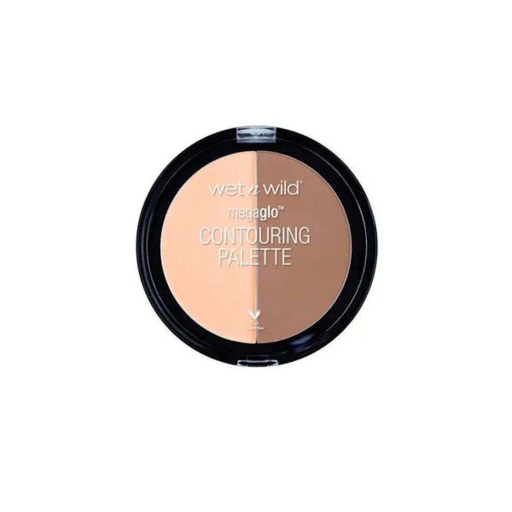 Palette contouring rotonda. Due tonalità: chiaro e marrone scuro. Contenitore nero con coperchio trasparente. Testo: Wet n Wild, Contouring Palette.