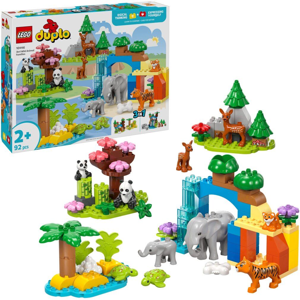 Set LEGO DUPLO 10446 Famiglie di animali selvatici con elefanti, tigri, panda, cervi e pinguini.