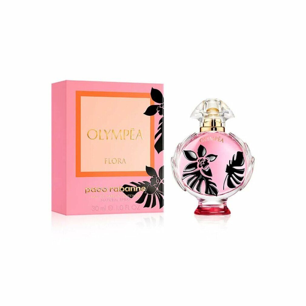 Flacone rosa e confezione. Motivi floreali neri. Scritta: Olympéa Flora. Scatola rosa e arancione.