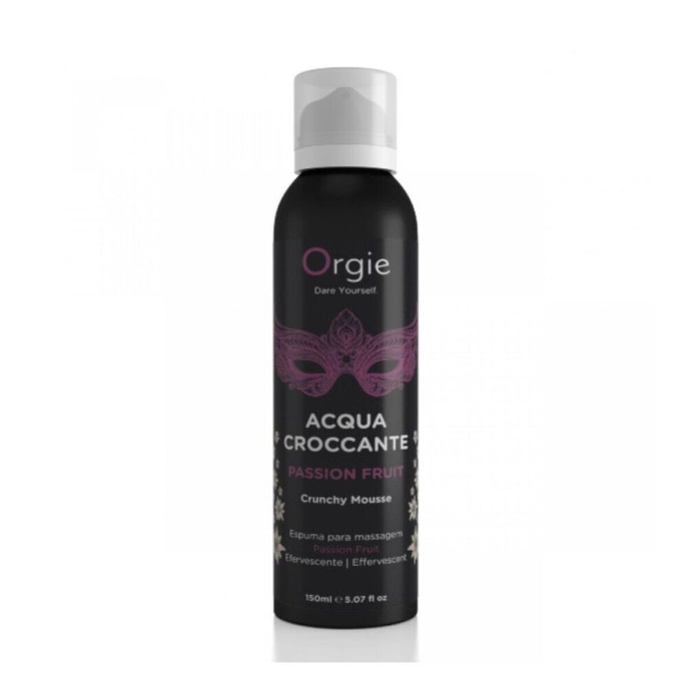 Flacone spray nero con tappo bianco. Scritta: Orgie Acqua Croccante Passion Fruit.