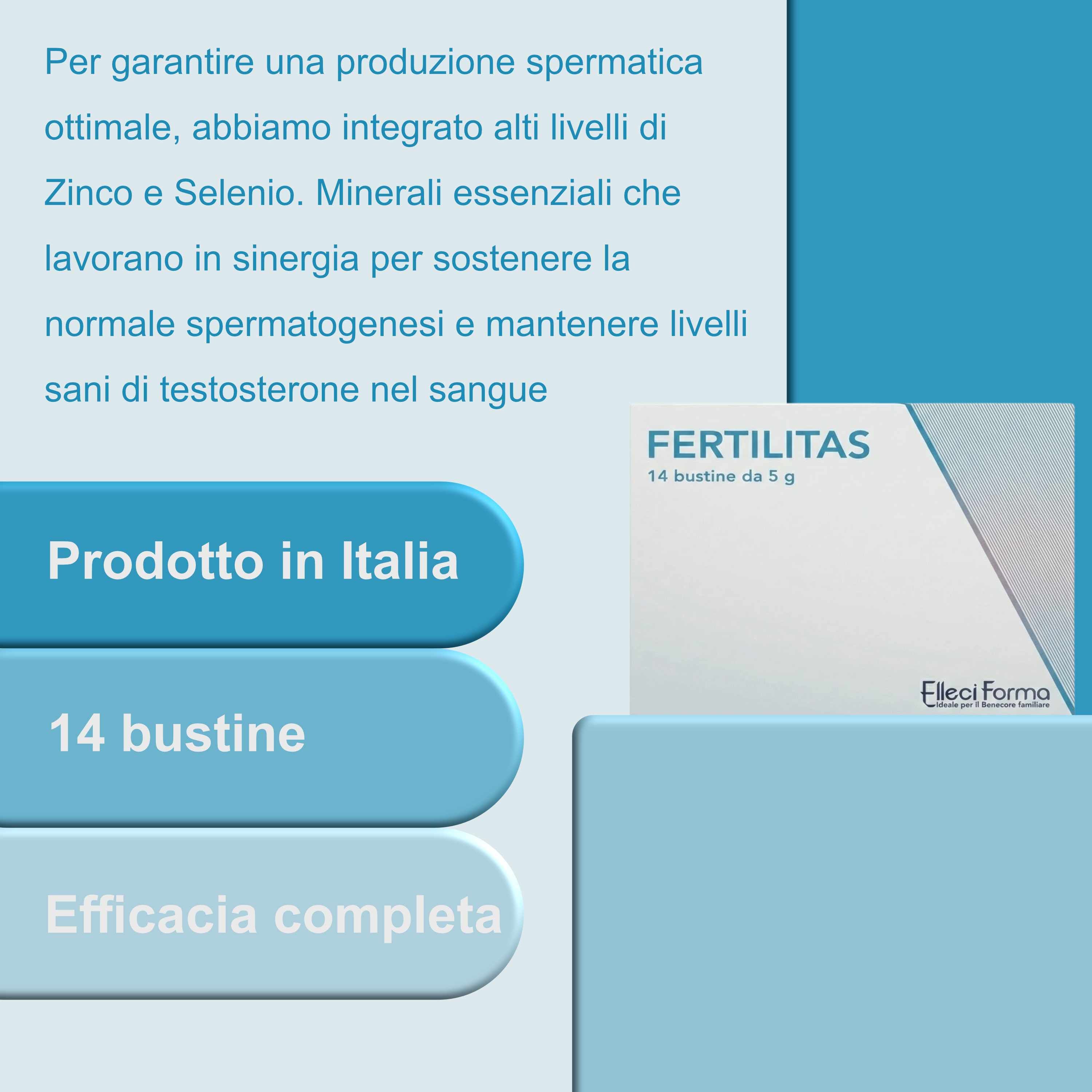 Una scatola FERTILITAS con la scritta 14 bustine da 5 g. Testo: Elleci Farma. Sfondo blu.