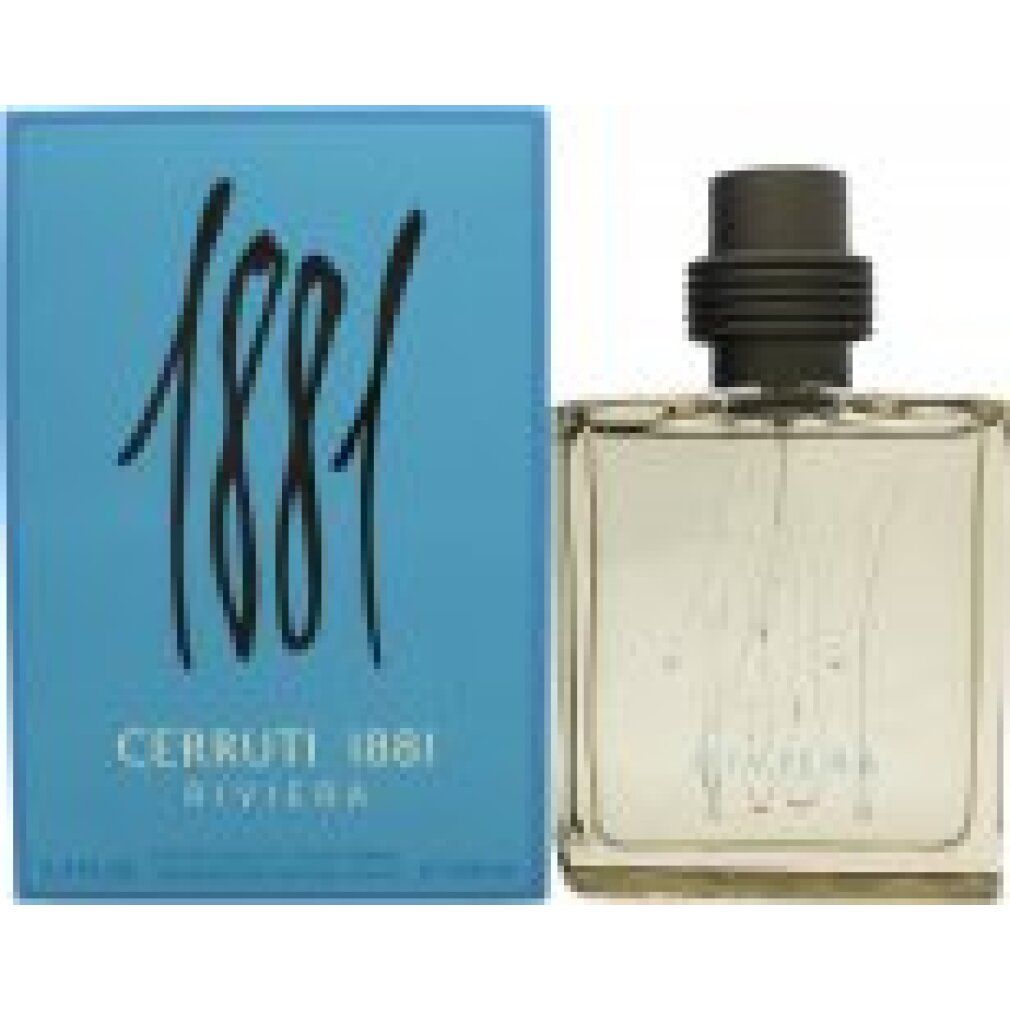 Cerruti 1881 Riviera Eau de Toilette Spray. Flacone e confezione. Scatola azzurra con testo. Flacone quadrato in vetro con vaporizzatore.