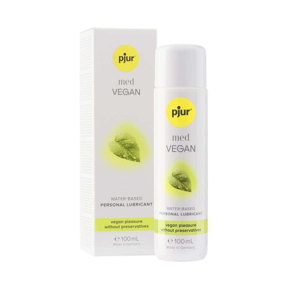 pjur med Vegan lubrificante in confezione e flacone bianchi. Scritta: med VEGAN, a base d'acqua, vegano senza conservanti.