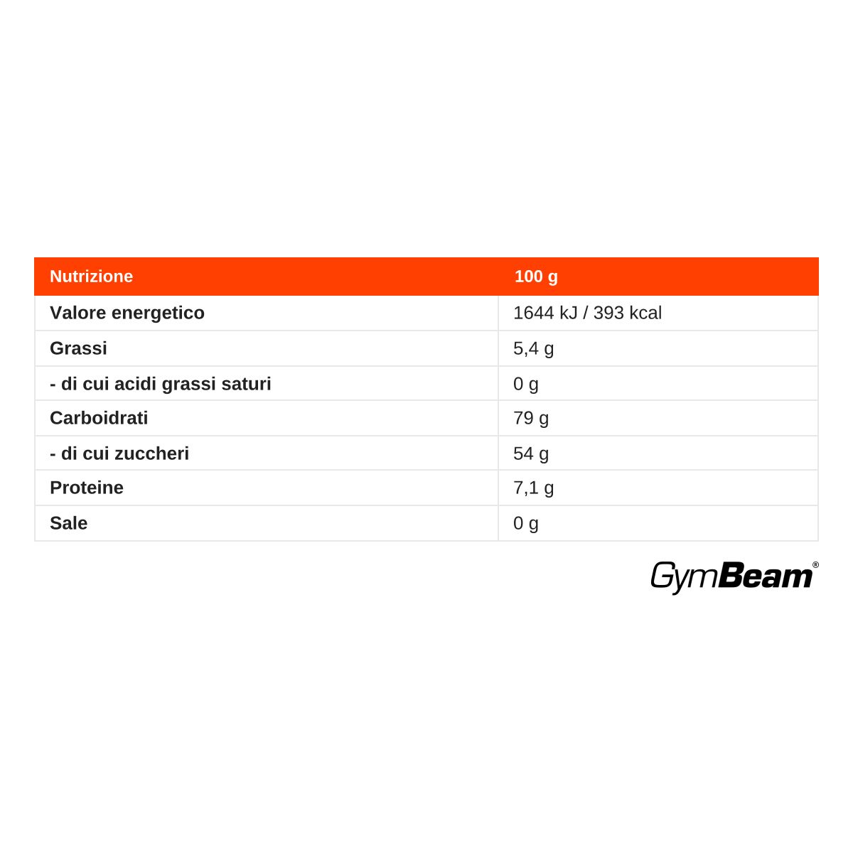 Informazioni nutrizionali per 100g: Energia, grassi, carboidrati, zuccheri, proteine, sale. Logo GymBeam.