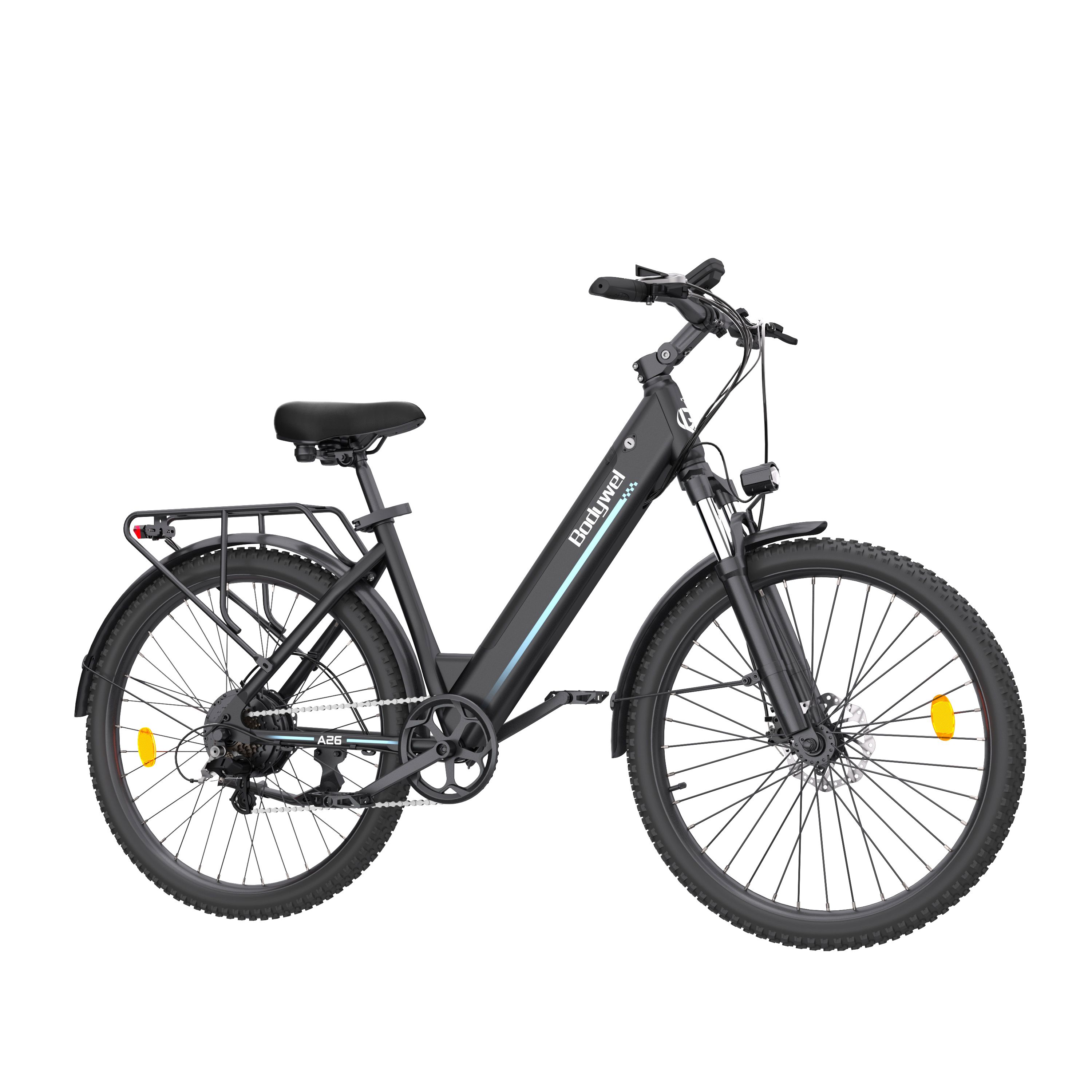 E-bike nera con portapacchi, parafanghi e faro. Bodywel A26.