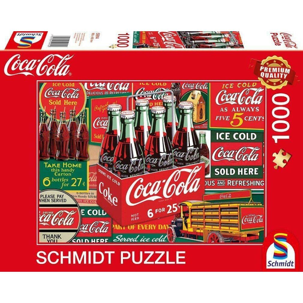 Puzzle Coca-Cola da 1000 pezzi. Confezione rossa con motivi Coca-Cola e bottiglie. Schmidt Puzzle.