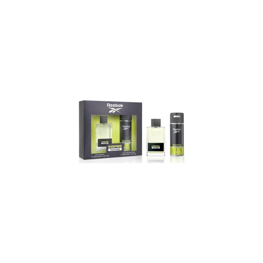 Set regalo Reebok con Eau de Toilette e deodorante spray. Confezione nera. Due altri flaconi accanto. Nomi dei prodotti e logo.