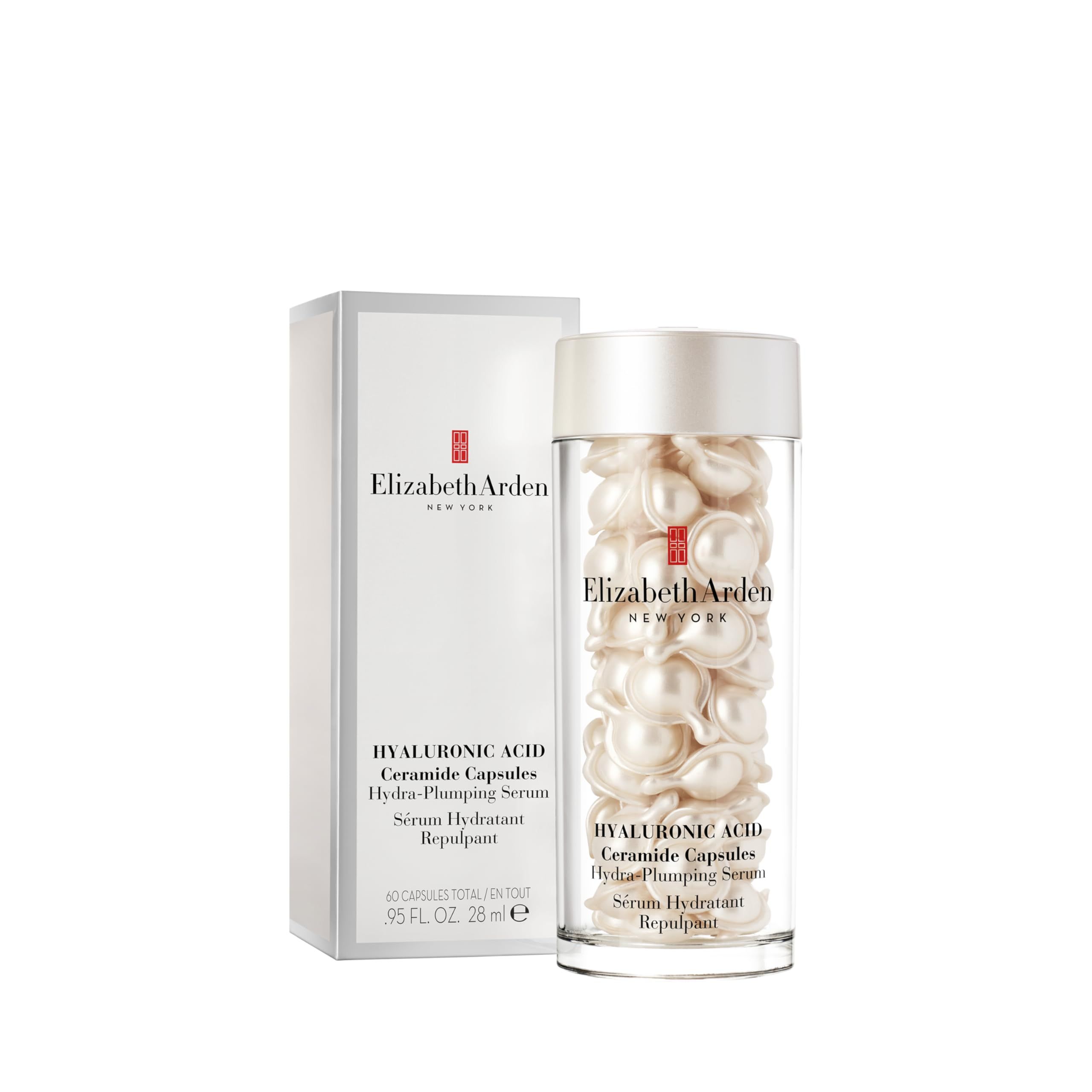 Confezione del prodotto e flacone di capsule. Scritta: Elizabeth Arden New York. Nome del prodotto e ingredienti.