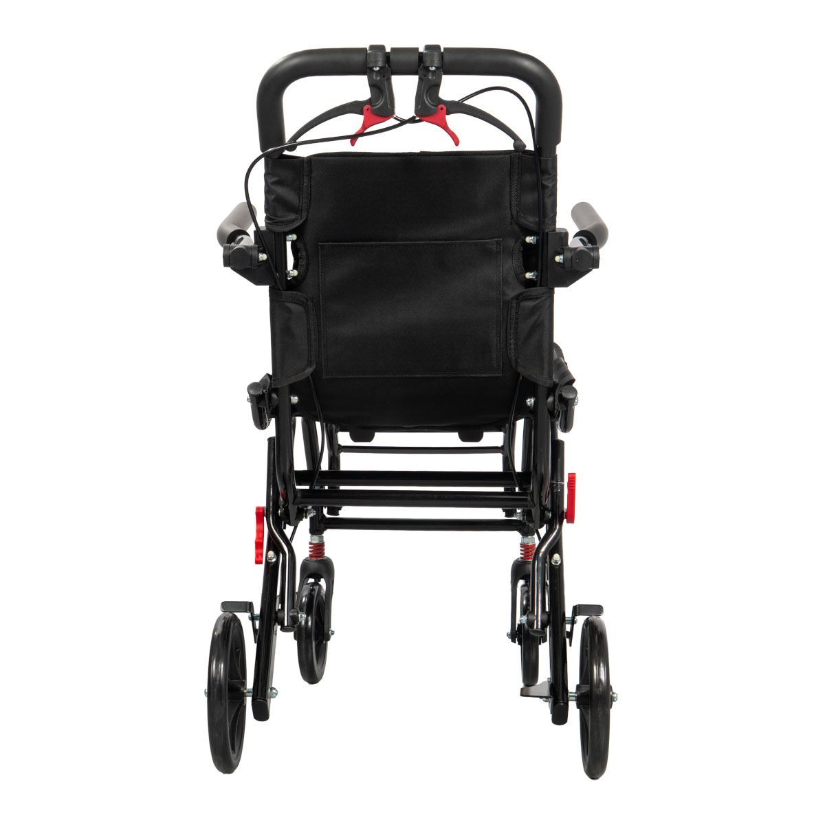 Sedia a rotelle nera, vista posteriore. Quattro ruote, braccioli, leva rossa. Logo I-Travel.