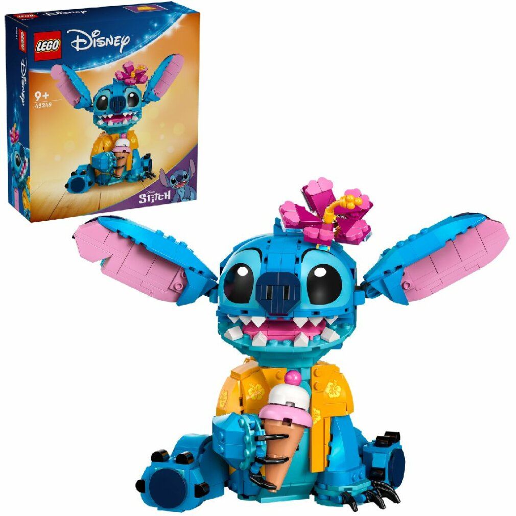 LEGO Stitch blu con orecchie rosa e fiore. Tiene un gelato. Confezione sullo sfondo.