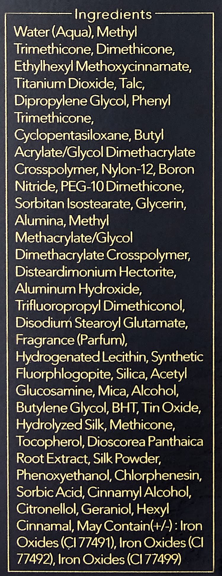 Confezione nera con ingredienti. Scritta: Ingredients, Water, Dimethicone, etc.
