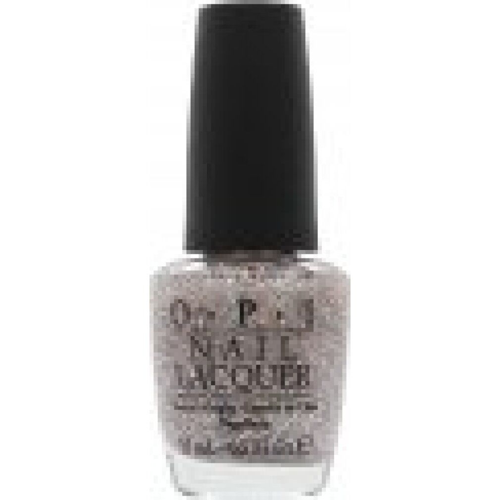 Flacone di smalto con tappo nero. Lo smalto è glitterato e grigio chiaro. OPI Nail Lacquer è stampato sul flacone.