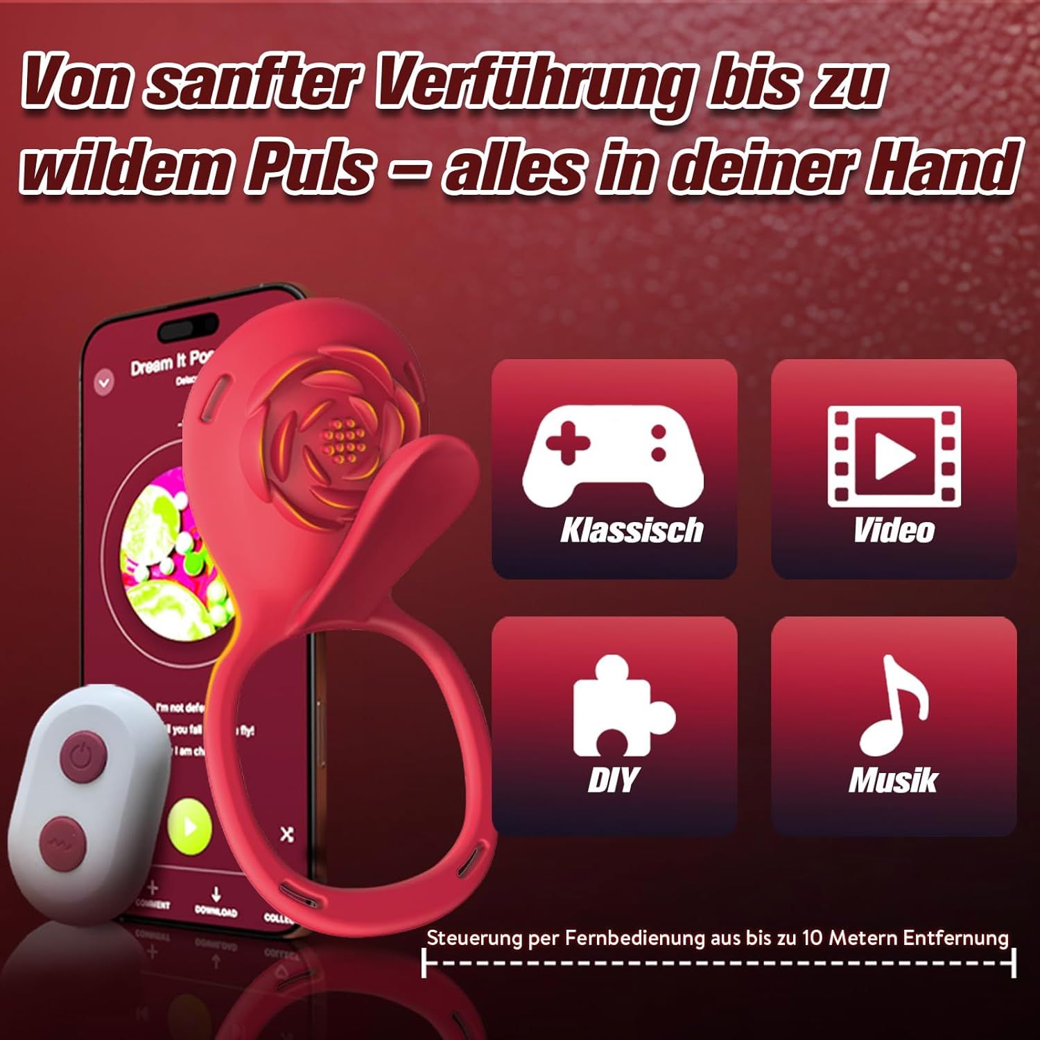 Anello fallico rosso con design a rosa, smartphone e telecomando. Testo: Dalla seduzione delicata all'impulso selvaggio - tutto in mano tua.