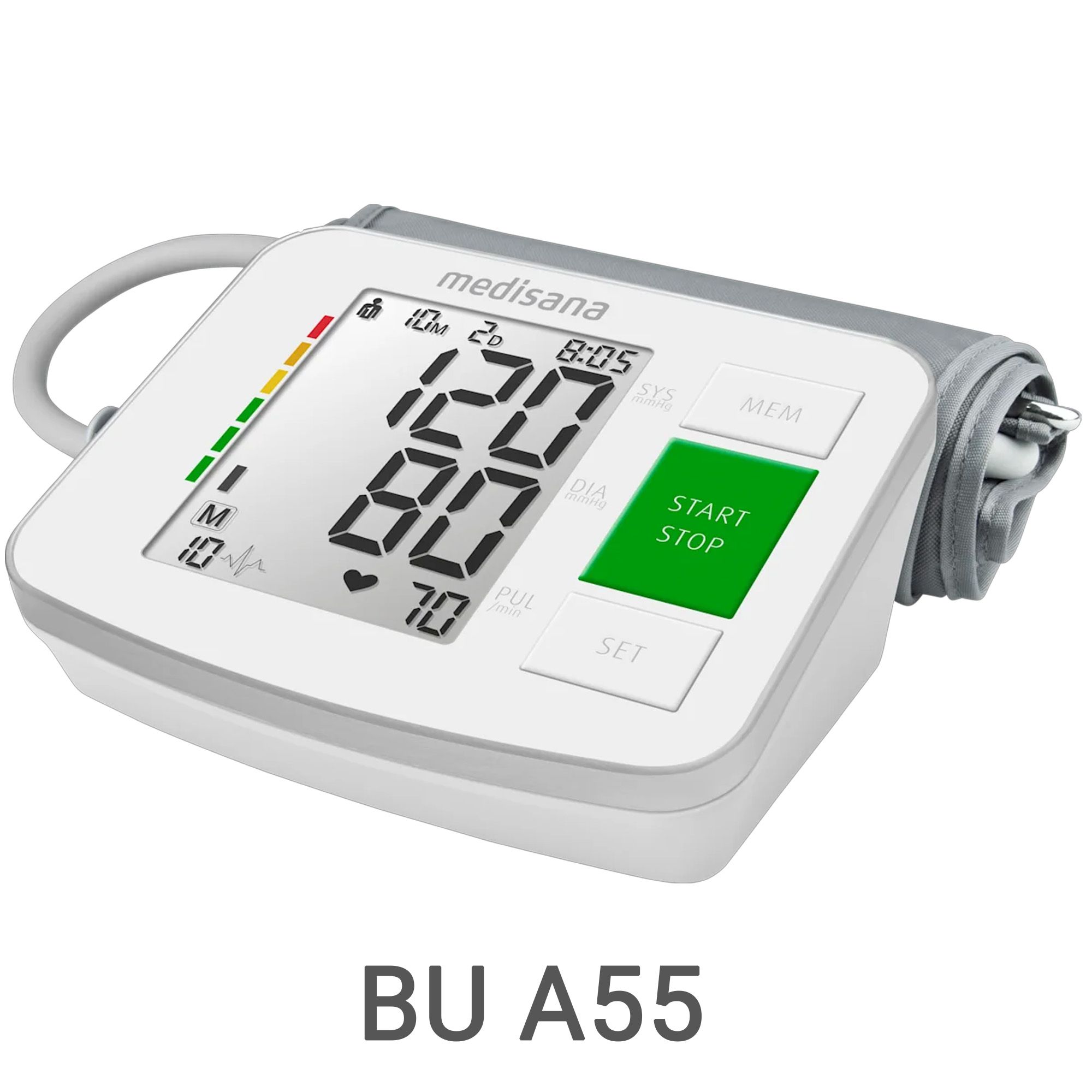 Misuratore di pressione Medisana BU A55 con display digitale per pressione sistolica, diastolica e polso.
