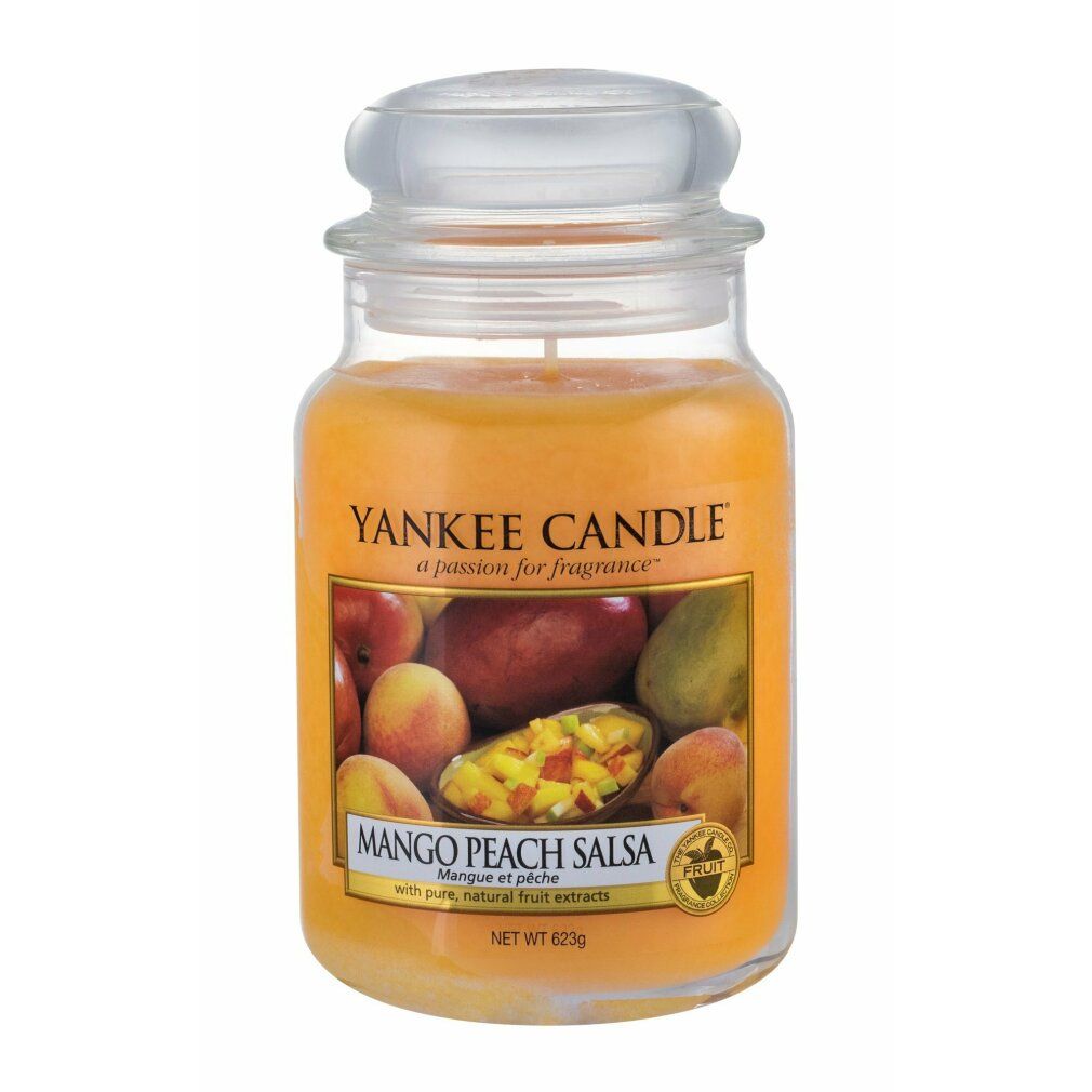 Candela profumata Mango Peach Salsa in vaso con coperchio. Etichetta con frutta. Marchio: Yankee Candle.