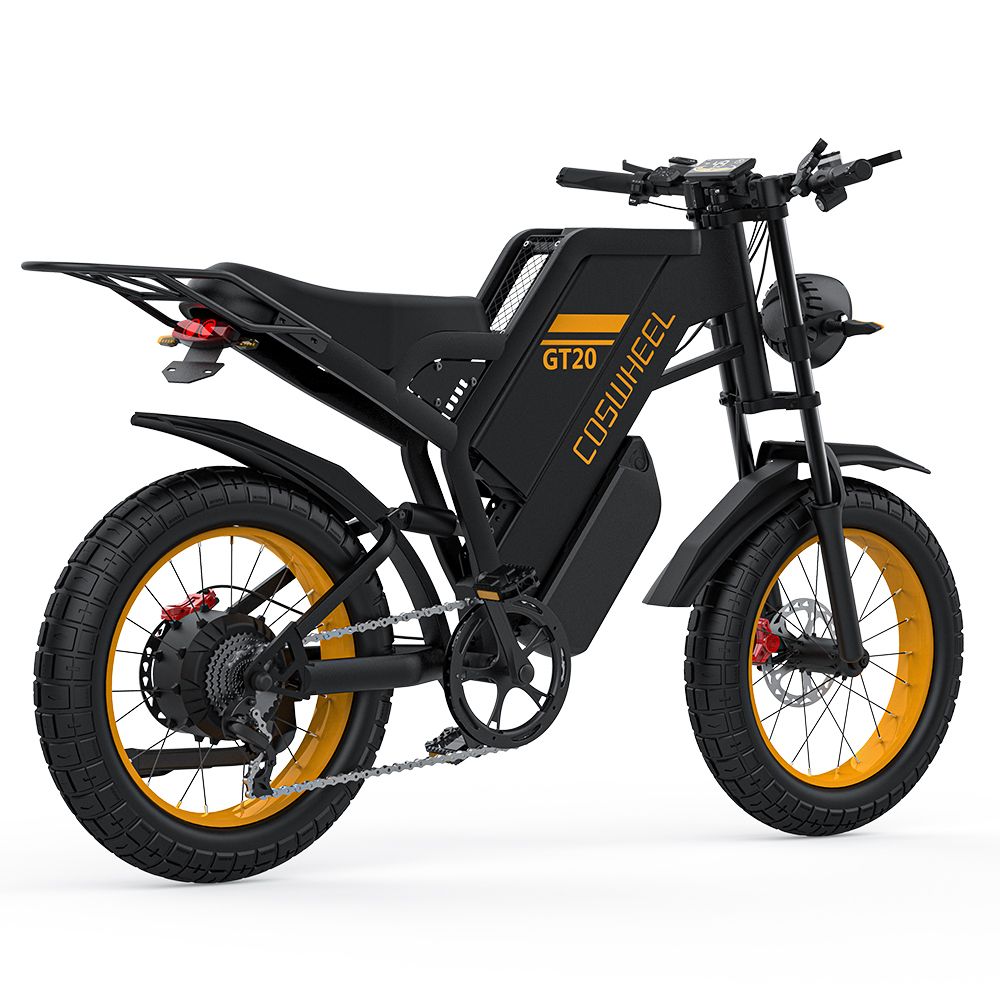 E-bike nero con cerchi gialli. Scritta COSWHEEL GT20. Pneumatici larghi, faro, portapacchi.