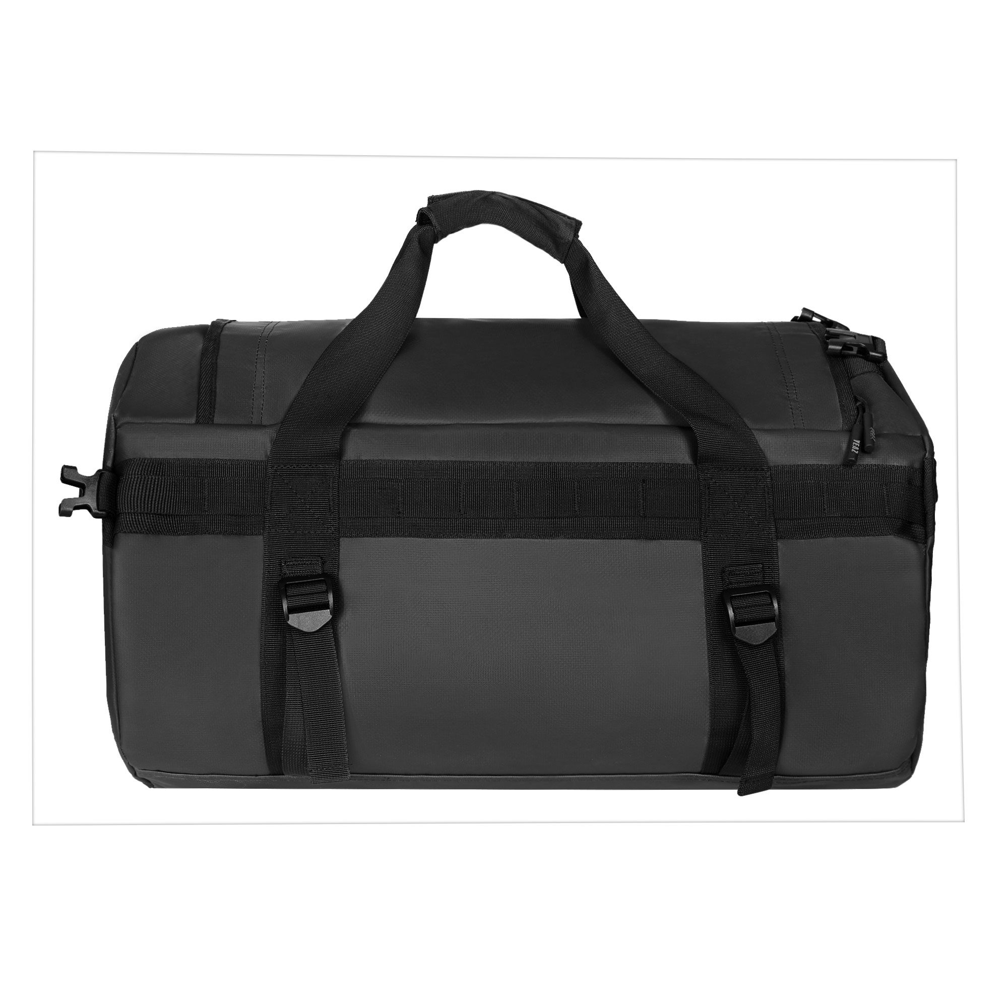 Borsa sportiva nera di forma rettangolare, con manici e tracolla.