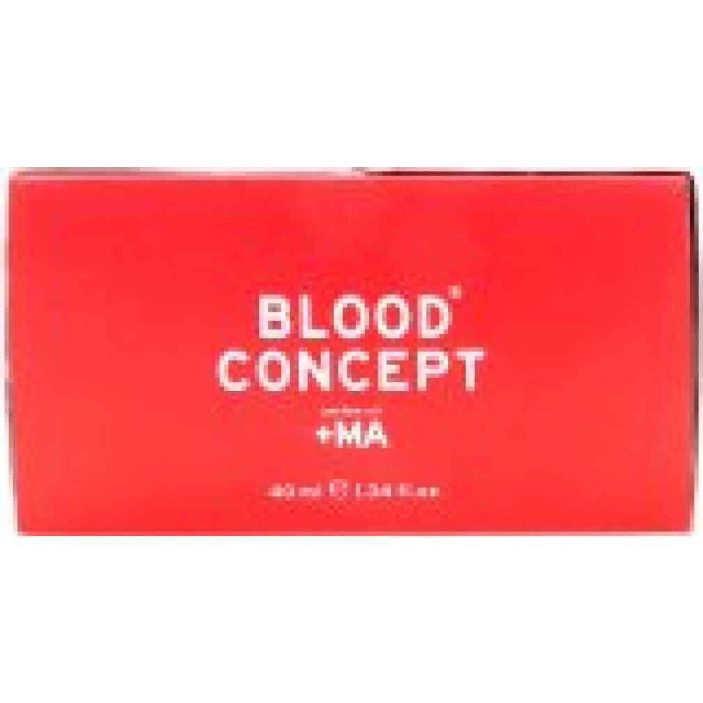 Confezione rossa con scritta bianca BLOOD CONCEPT +MA. Forma rettangolare.