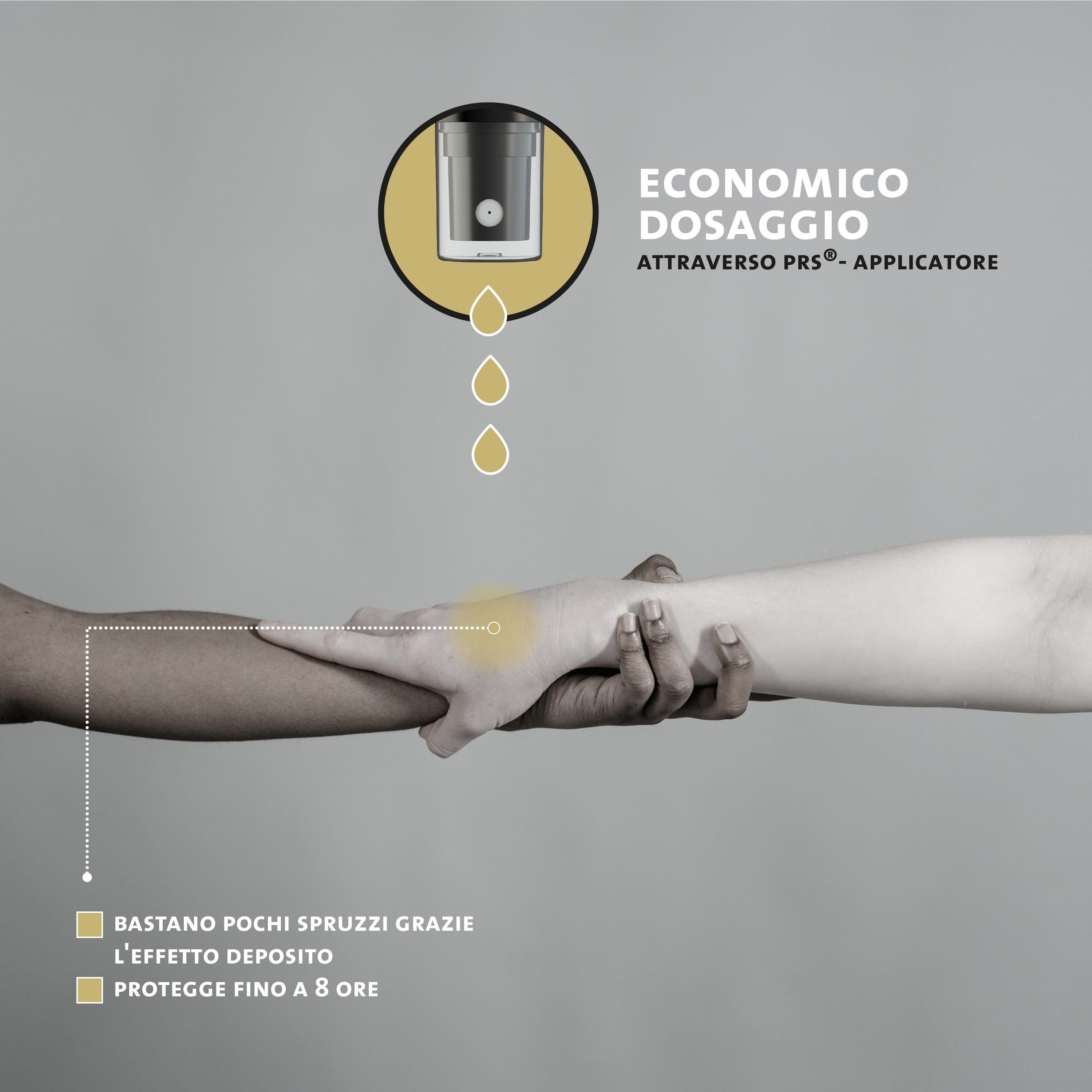 Due mani che si toccano. Vista dettagliata di una testina spray e gocce che cadono. "Dosaggio economico tramite applicatore spray PRS".