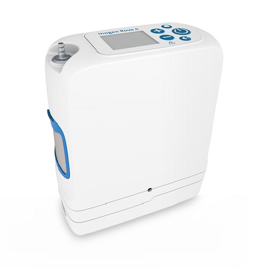 Concentratore Inogen Rove 6 bianco con accento blu e display.