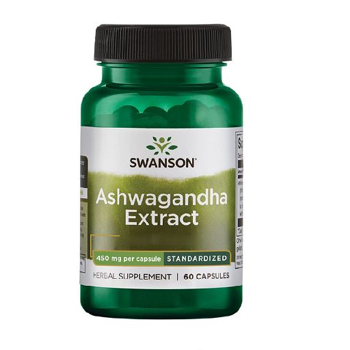 Flacone verde Swanson Ashwagandha Extract. Tappo nero, etichetta bianca con nome del prodotto e logo.
