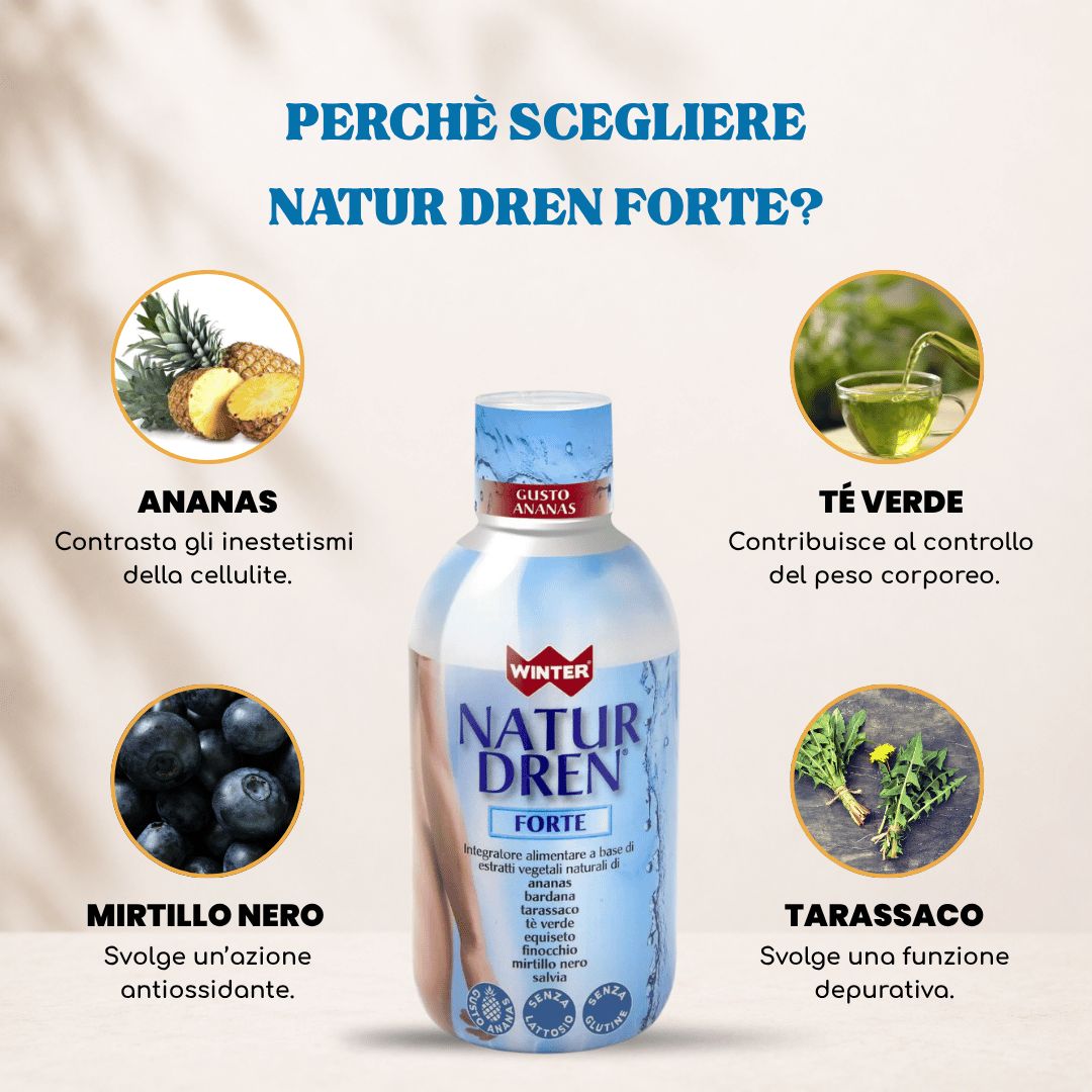 Bottiglia Winter Natur Dren Forte gusto ananas con raffigurazioni di ananas, mirtilli, foglie di tè e tarassaco.