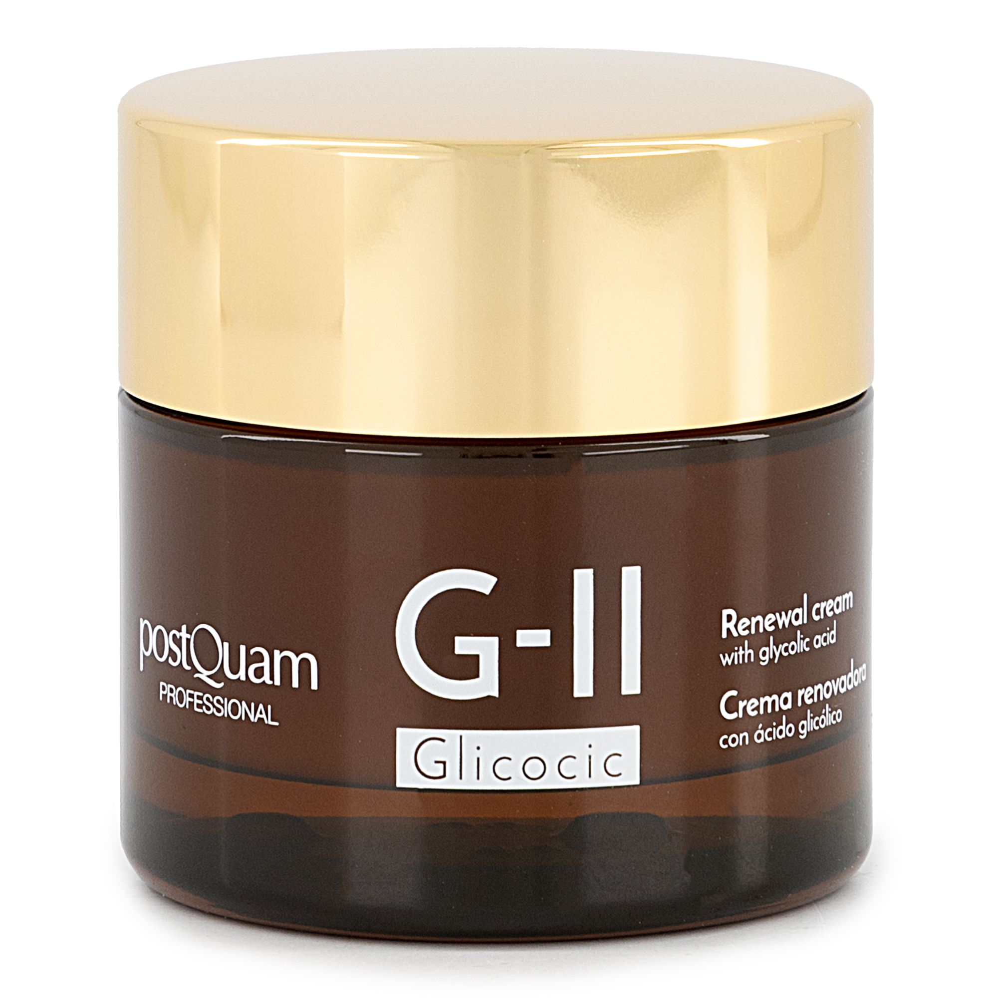 Crema marrone con coperchio dorato. Scritta G-II Glycolic. Testo: Renewal cream with glycolic acid.
