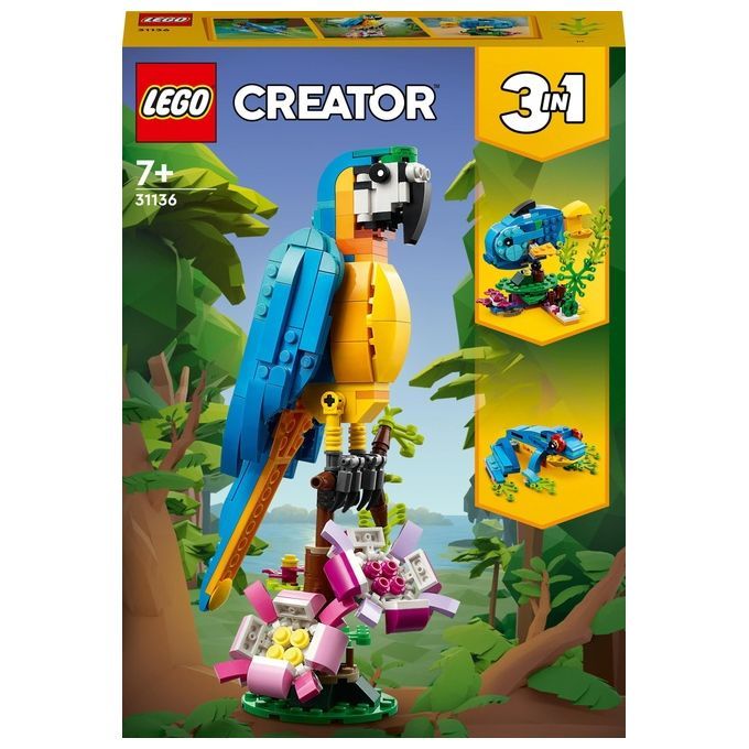 LEGO Creator 31136 Pappagallo Esotico, Set 3 in 1 con Pesce e Rana, Animali Giocattolo, Giochi Crea
