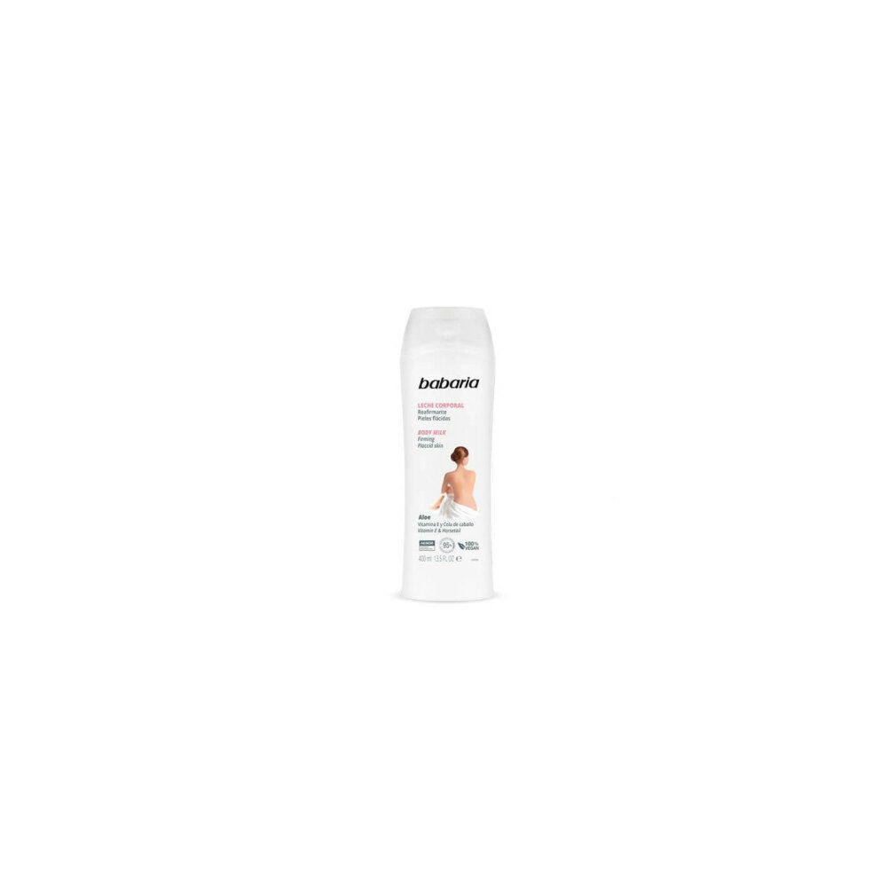 Flacone bianco Babaria Body Milk. Testo: Aloe, Vitamina E & Retinolo. Vegano. Donna sulla confezione.