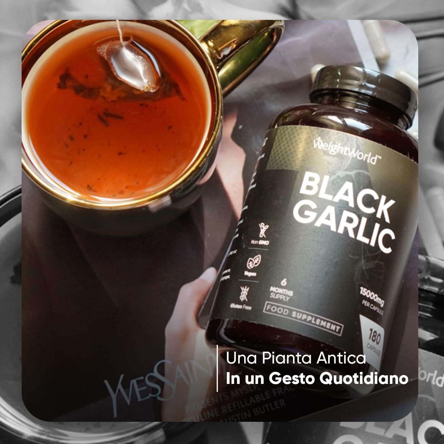 Immagine del prodotto: WeightWorld Black Garlic. Bottiglia di capsule, tazza di tè e rivista.