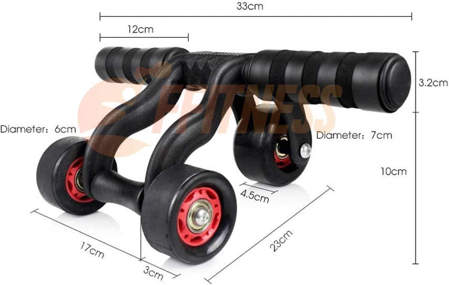 Ruota fitness con tre ruote. Design nero con dettagli rossi. Dimensioni: 33cm x 17cm x 10cm. Diametro ruote: 6cm e 7cm.