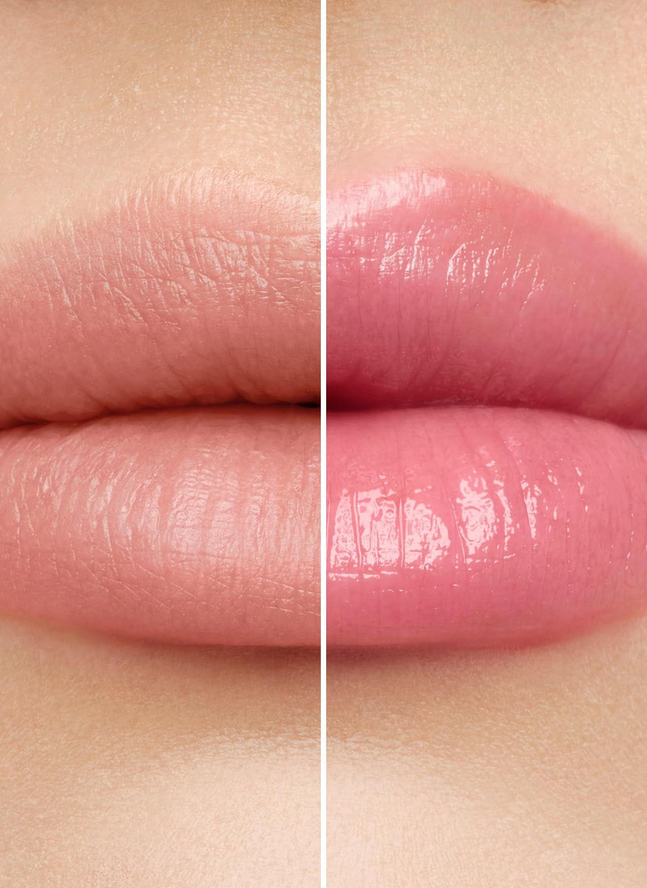 Primo piano di labbra, a sinistra senza, a destra con balsamo per labbra. Le labbra sono rosa e lucide.