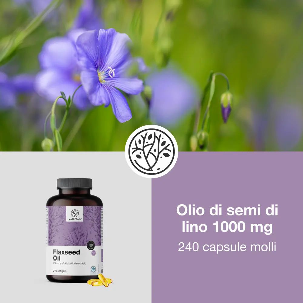 Collage: Bottiglia di olio di semi di lino, donna al sole, logo, testo.