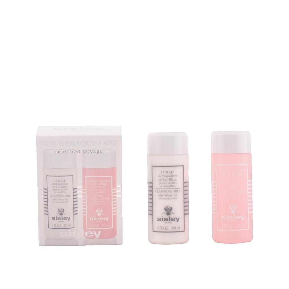 Duo Démaquillant Sélection Voyage. Due flaconi e confezione con nome e logo del prodotto. Flaconi rosa e bianchi.