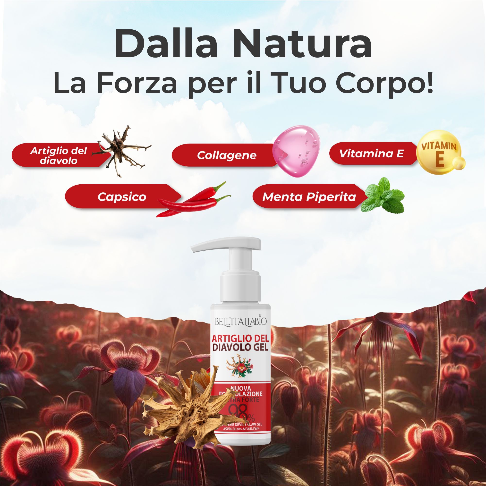 Flacone bianco con etichetta rossa. Testo: BellItaliabio Artiglio del Diavolo Gel. Ingredienti: Capsico, Mentha Piperita, Vitamina E, Collagene.