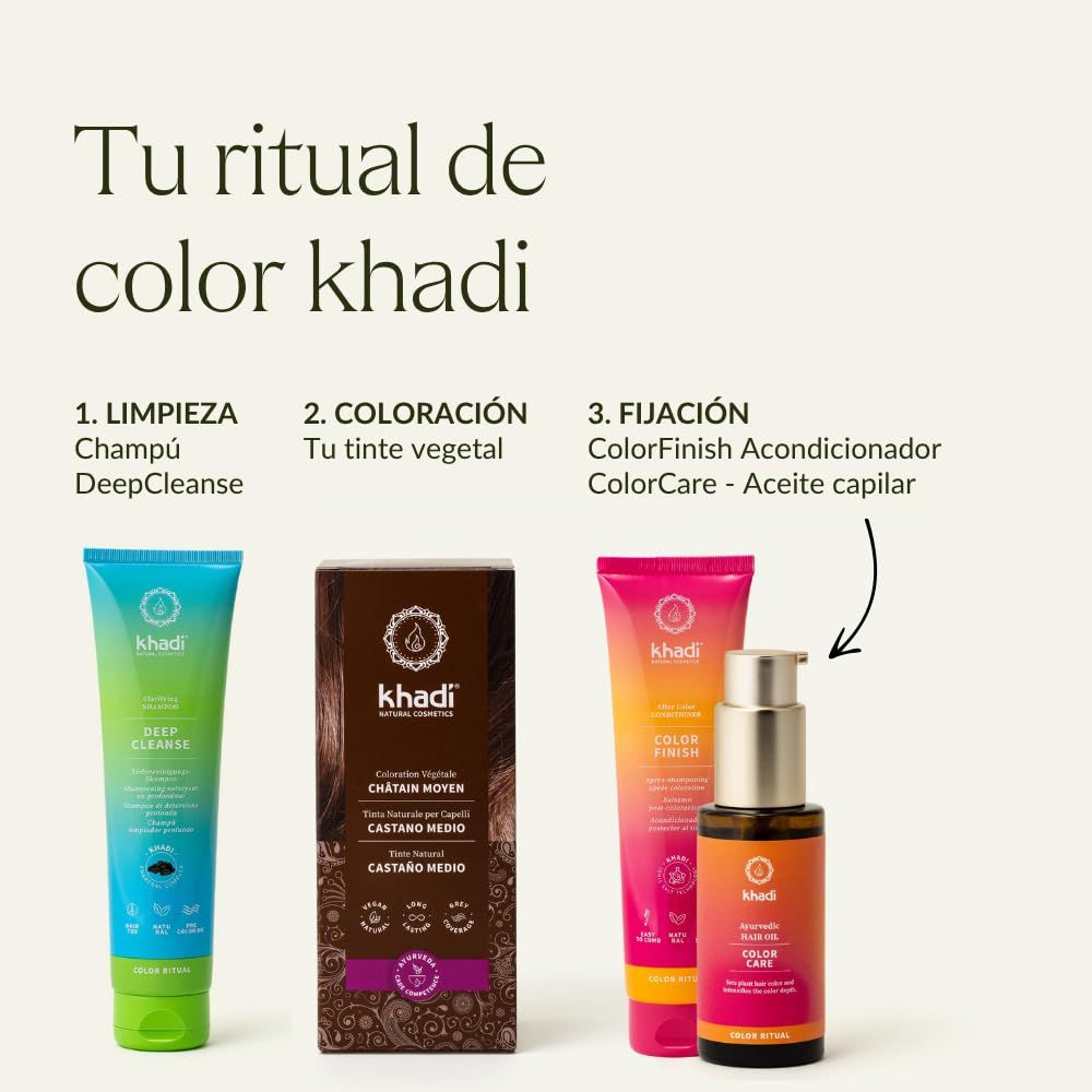 Prodotti Khadi: shampoo, tinta vegetale, ColorFinish. Testo: Tu ritual de color Khadi.