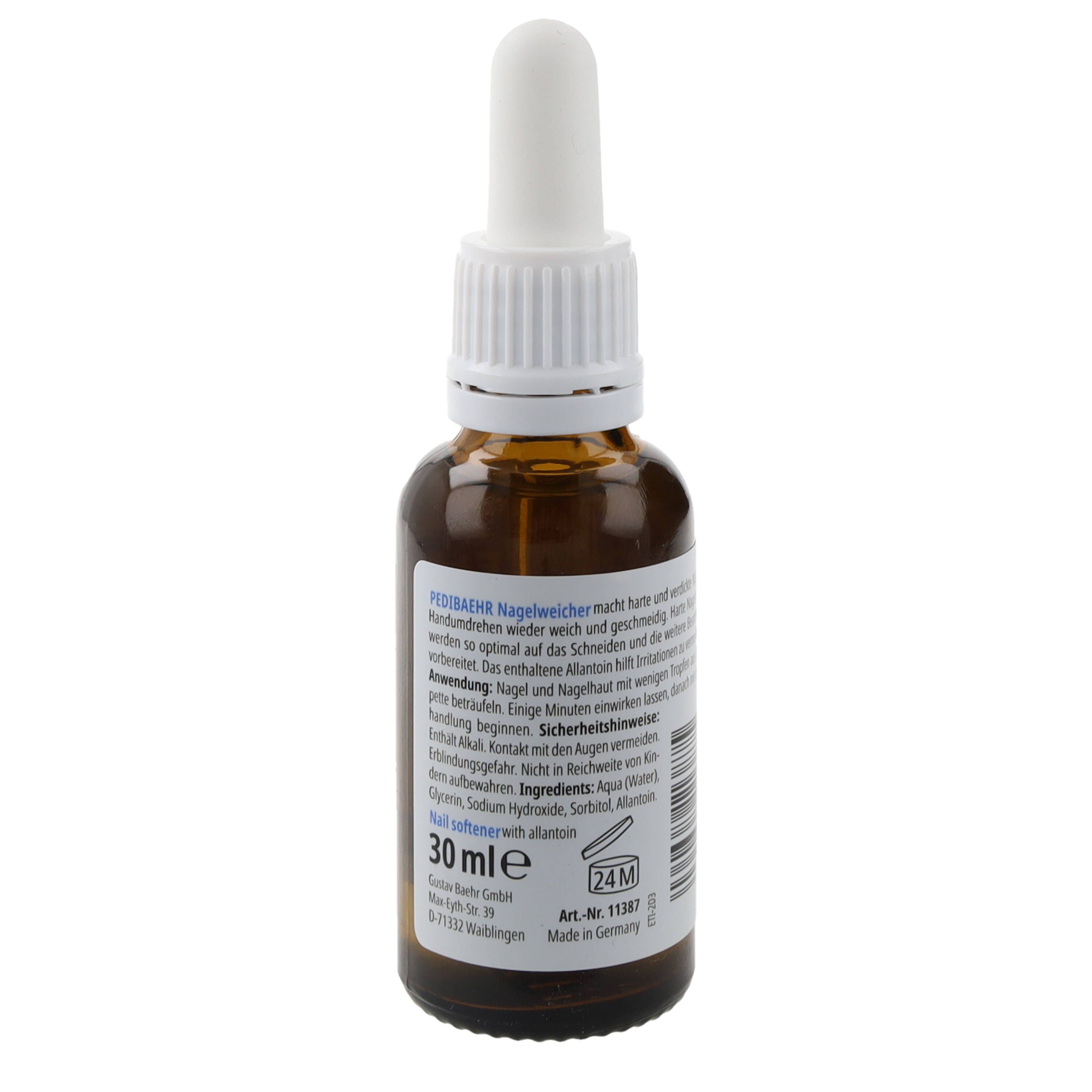 Flacone di vetro marrone con contagocce bianco. Etichetta con testo. 30 ml. Flacone in posizione verticale.
