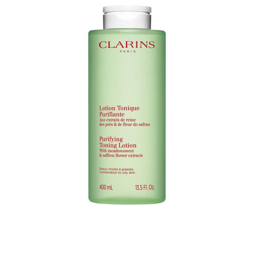 Flacone verde con tappo bianco. Testo: Clarins Paris, Lotion Tonique Purifiante, Purifying Toning Lotion. 400 ml, 13.5 FL. OZ.