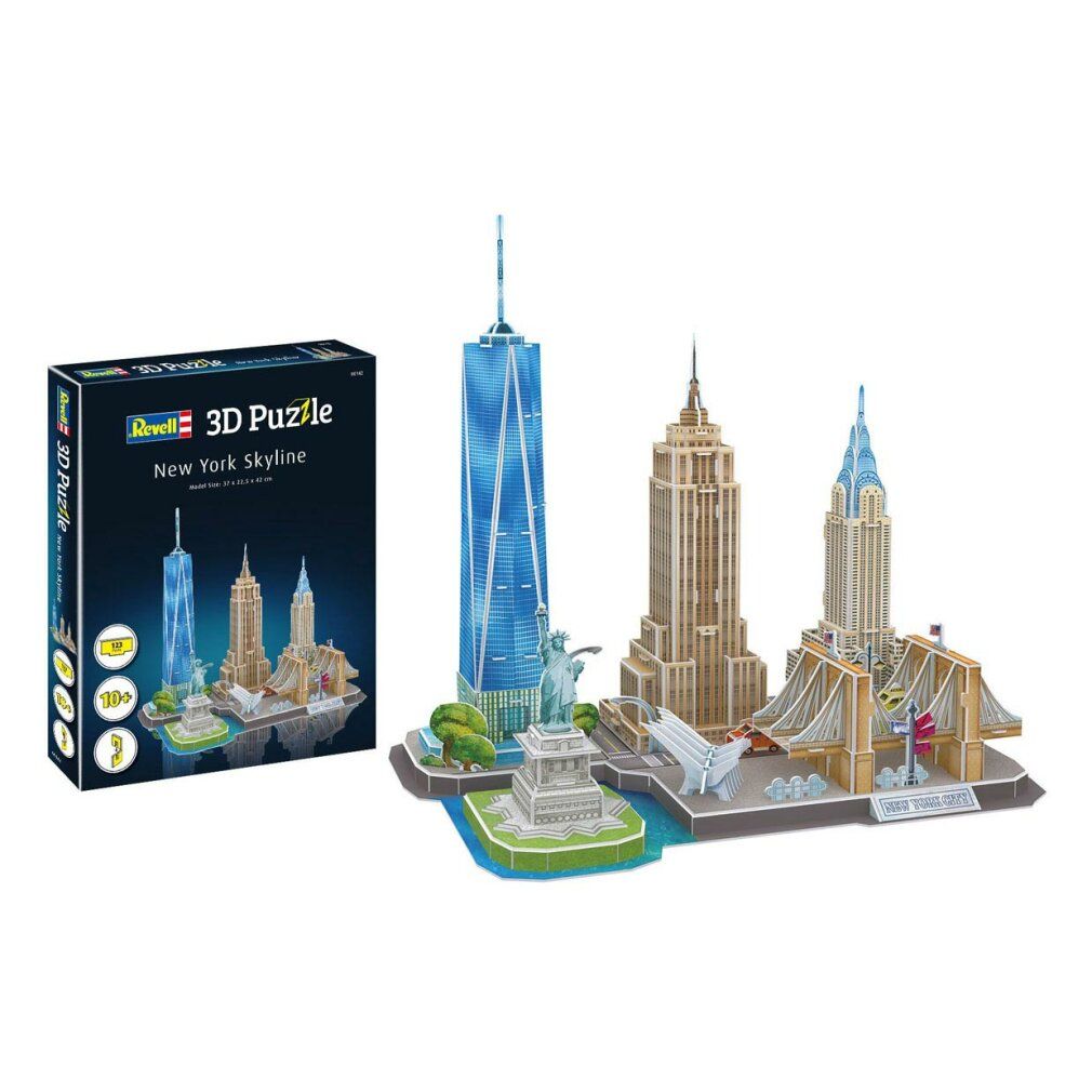 Puzzle 3D New York Skyline con confezione. Contiene modelli di grattacieli e Statua della Libertà. Confezione con logo.