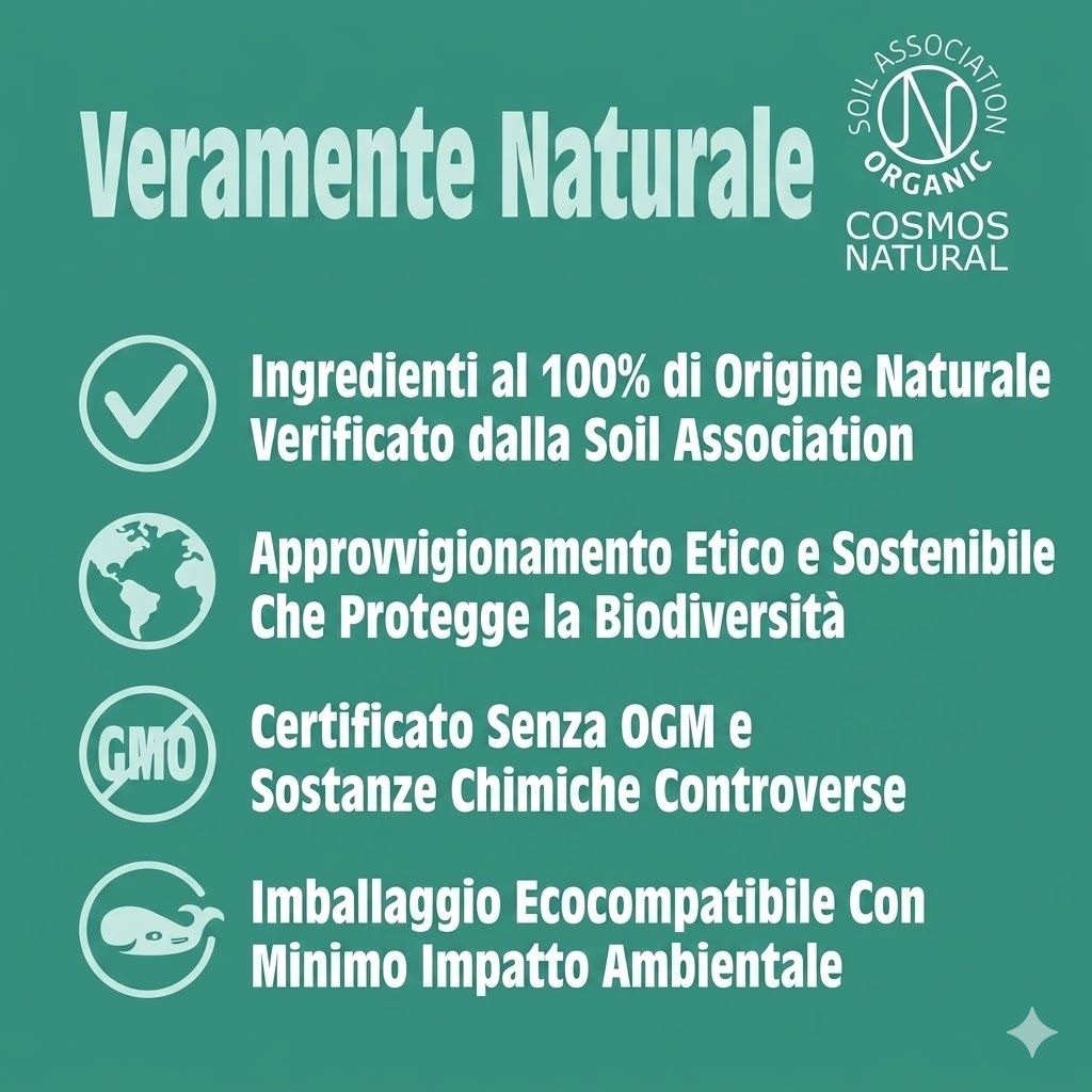 Testo: Ingredienti 100% naturali, approvvigionamento etico, senza OGM, imballaggio ecologico. Sigilli: Soil Association, COSMOS NATURAL.