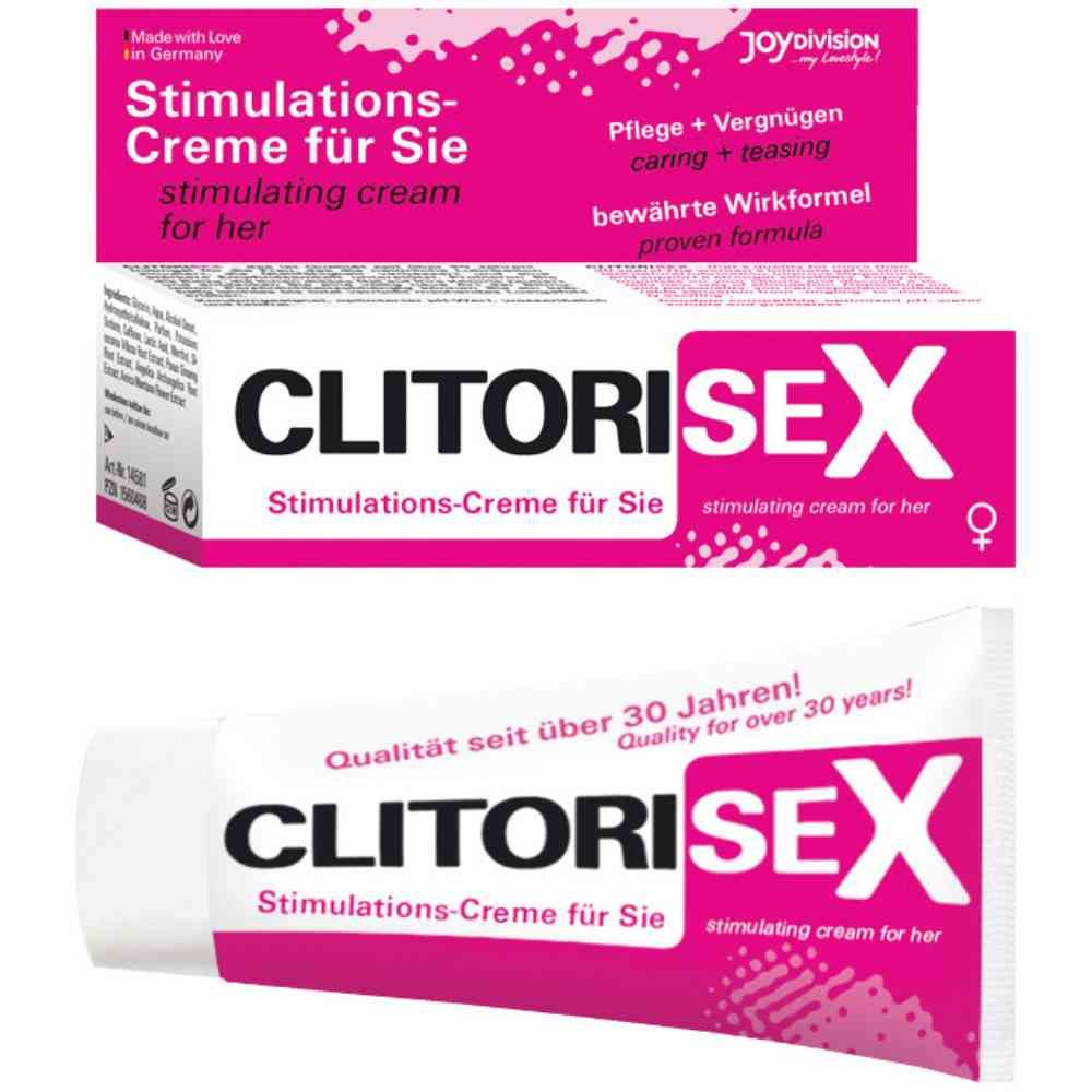 Tubo e confezione di crema. Nome prodotto: CLITORISEX. Testo: Stimulations-Creme für Sie, stimulating cream for her. Rosa e bianco.