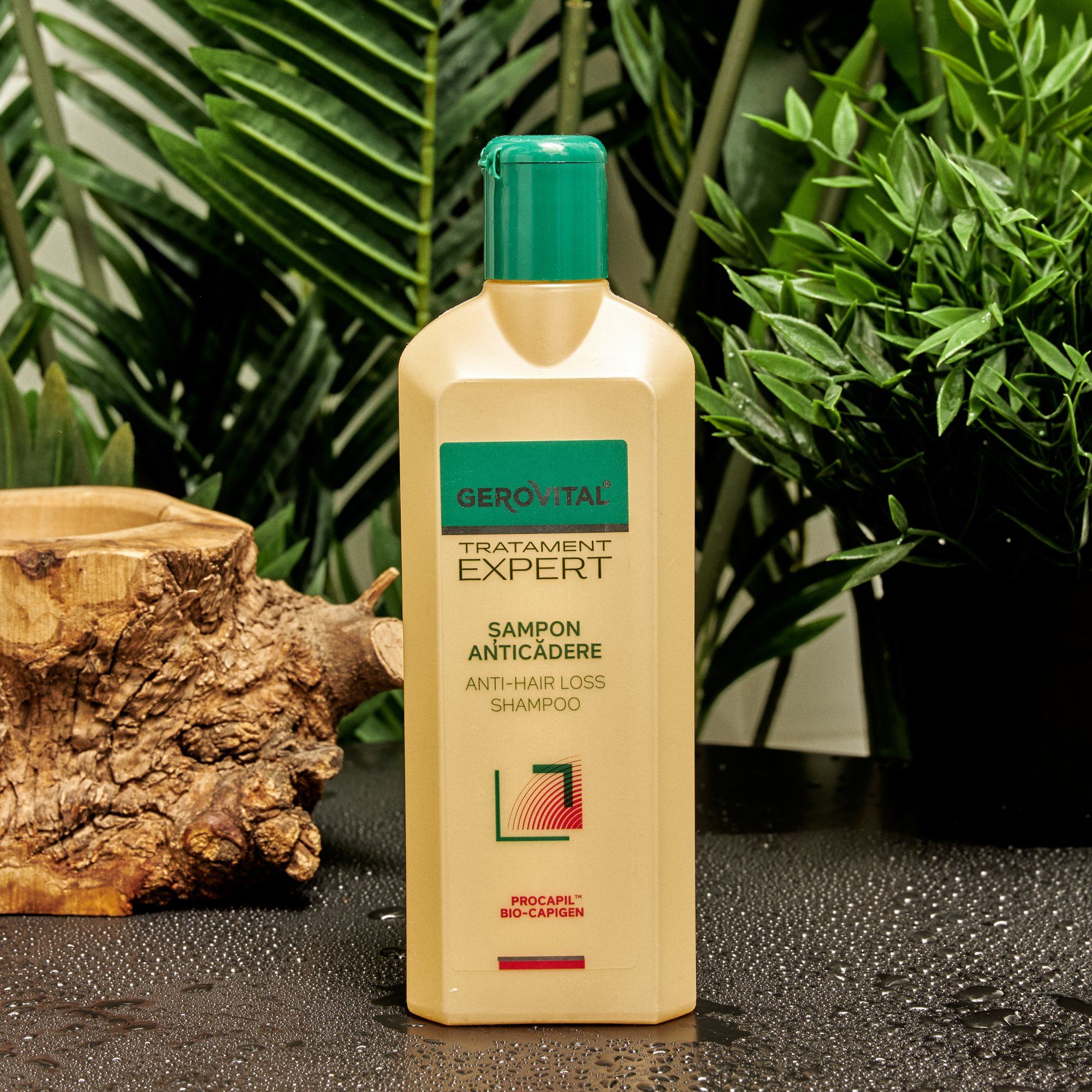 Flacone di shampoo beige con tappo verde. Scritte: Gerovital, Tratament Expert, Sampon Anticadere, Anti-Hair Loss Shampoo. Logo. Su tavolo con piante.