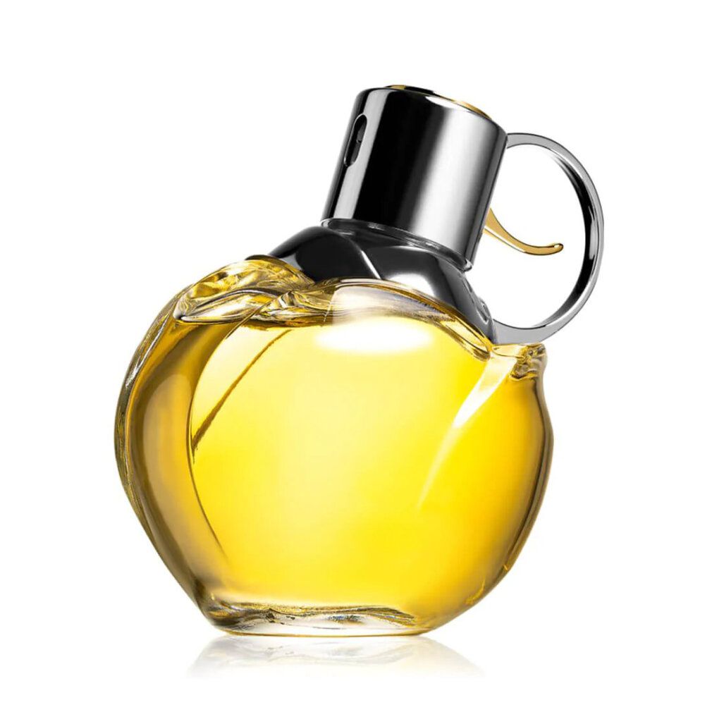 Flacone di profumo con tappo argentato e liquido giallo. Forma sferica.